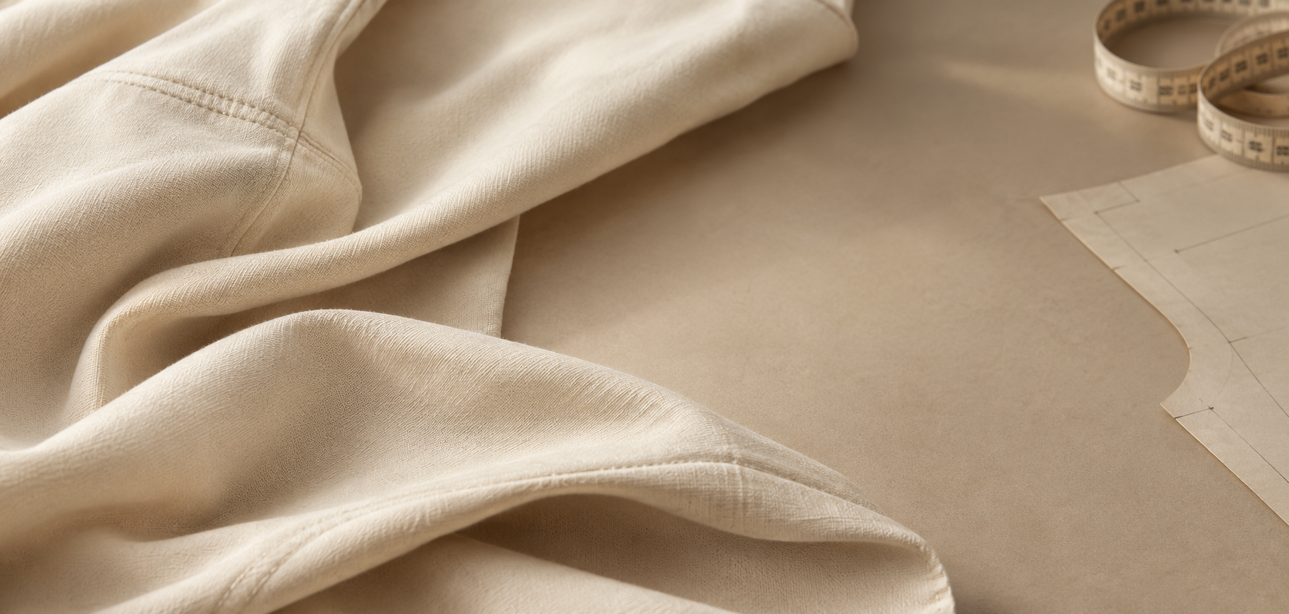Cream fabric, a measuring tape and a paper sewing pattern